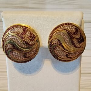 Vintage Roccoco Pink Burgundy Enamel Gold Tone Swirl Pierced Earrings